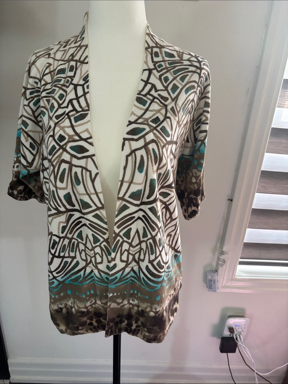 Vintage Open Front Geometric & Teal Print Cardigan